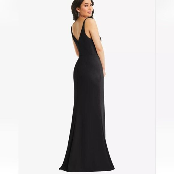 Thread Skinny Strap Deep V-Neck Crepe Trumpet Gown Front Slit Size 8 New Black - Picture 6 of 11